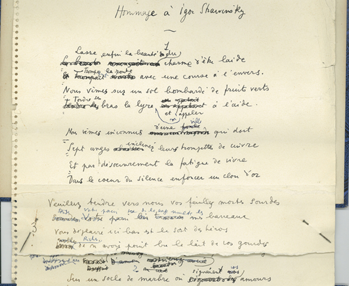 manuscript van een gedicht 'Hommage à Igor Strawinsky' van Jean Cocteau