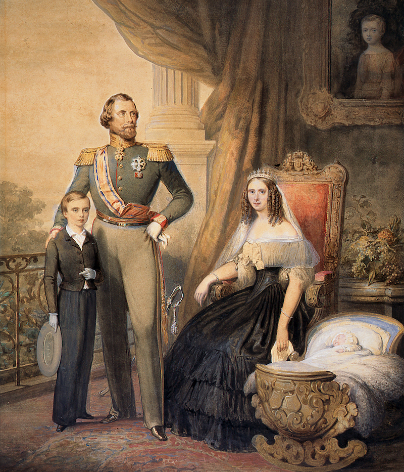 Koning Willem III, koningin Sophie, prins Willem en prins Alexander in de wieg