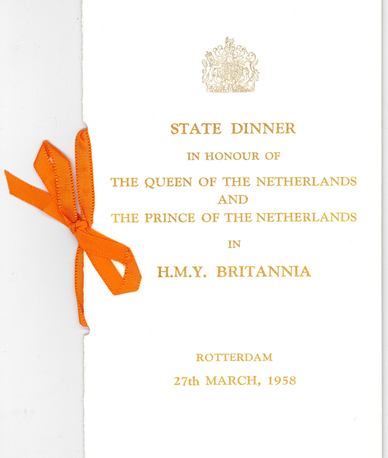 Menukaart van het  'State Dinner' aan boord van de Britannia