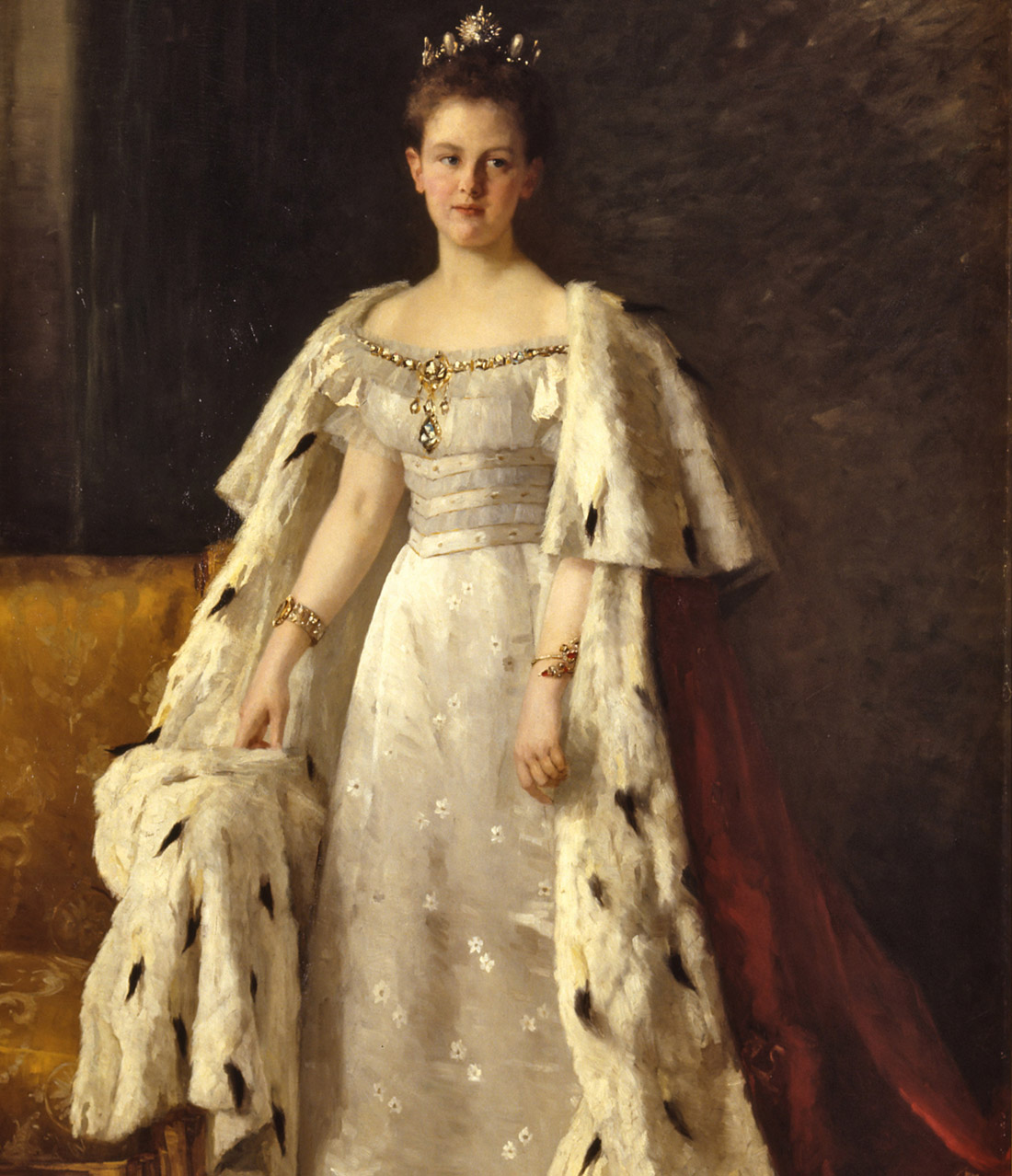 Portret van koningin Wilhelmina in inhuldigingsmantel door Thérèse Schwartze