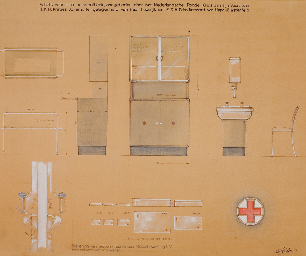 Schets voor een Huisapotheek aangeboden door het Nederlandse Rode Kruis, ontwerp Gispen