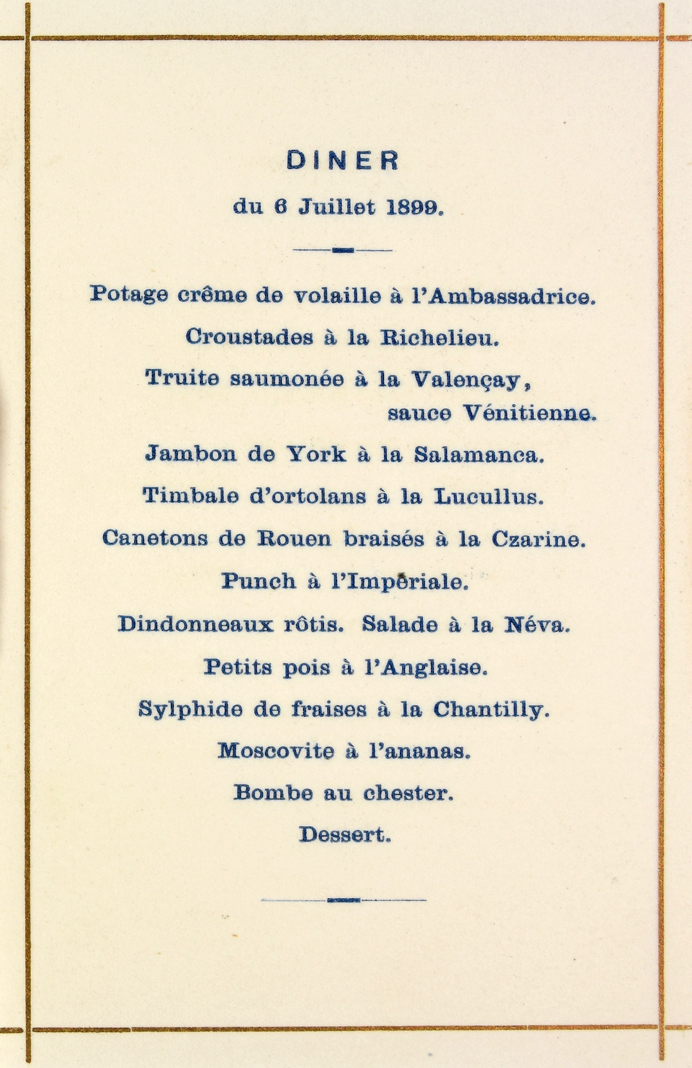 menukaart vredesconferentie 6 juli 1899